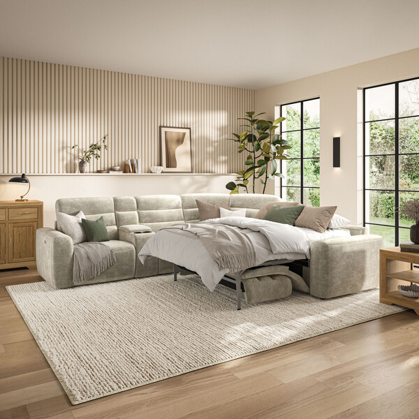 Plush Beige Fabric Sofas - Large Corner Recliner with Right Hand Sofa Bed - Cohen Range - Oak Furnitureland