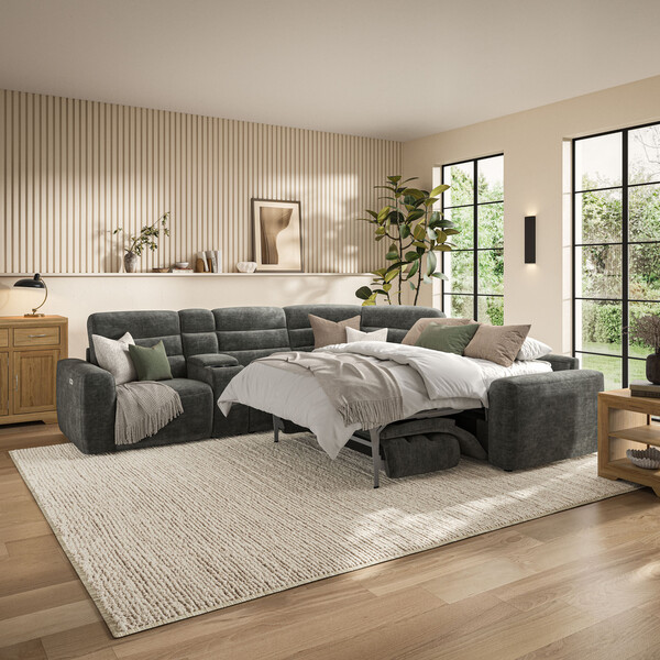 Plush Charcoal Fabric Sofas - Large Corner Recliner with Right Hand Sofa Bed - Cohen Range - Oak Furnitureland