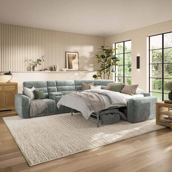 Plush Silver Fabric Sofas - Large Corner Recliner with Right Hand Sofa Bed - Cohen Range - Oak Furnitureland