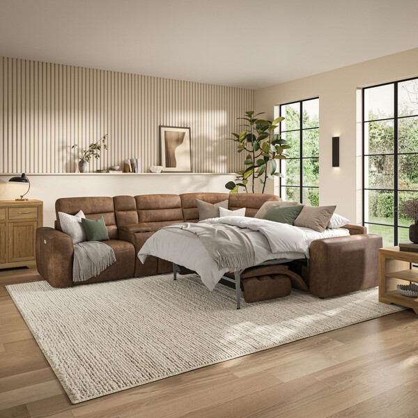 Ranch Brown Fabric Sofas - Large Corner Recliner with Right Hand Sofa Bed - Cohen Range - Oak Furnitureland