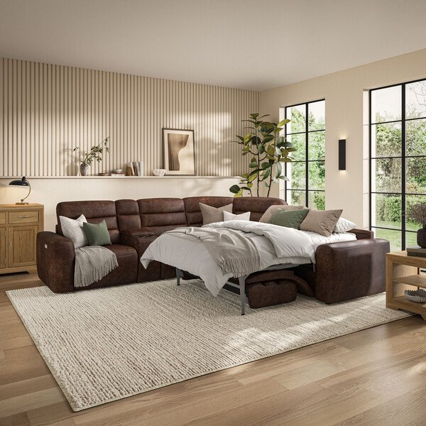 Ranch Dark Brown Fabric Sofas - Large Corner Recliner with Right Hand Sofa Bed - Cohen Range - Oak Furnitureland