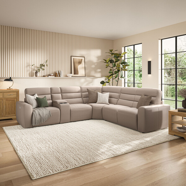 Virgo Buff Leather Sofas - Large Corner Recliner with Right Hand Sofa Bed - Cohen Range - Oak Furnitureland