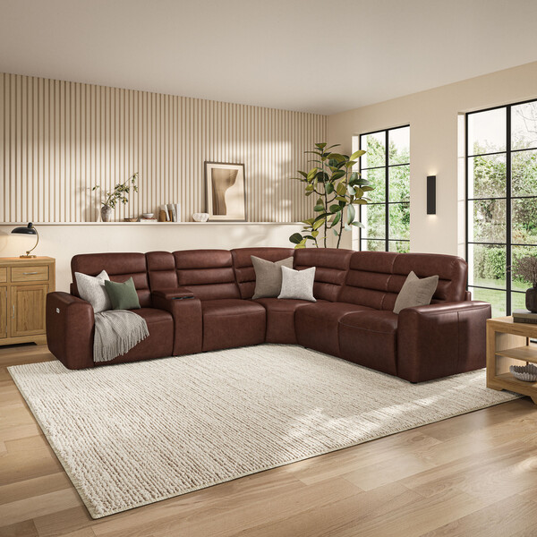 Virgo Chestnut Leather Sofas - Large Corner Recliner with Right Hand Sofa Bed - Cohen Range - Oak Furnitureland