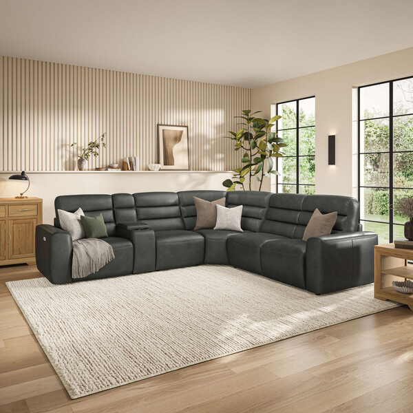 Virgo Lead Leather Sofas - Large Corner Recliner with Right Hand Sofa Bed - Cohen Range - Oak Furnitureland