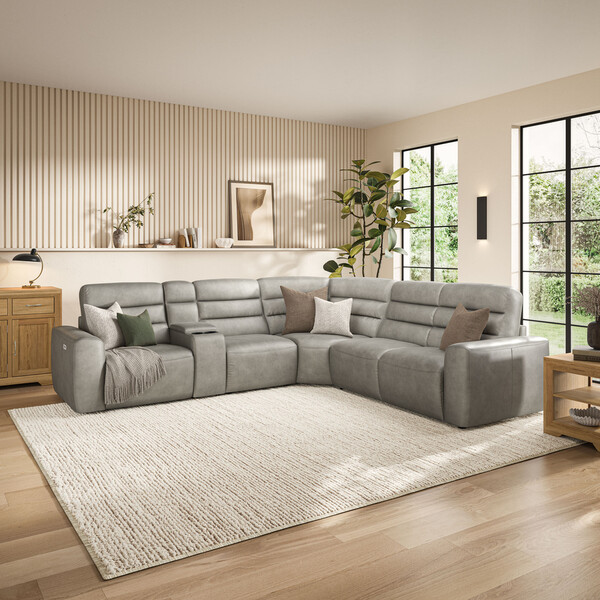 Virgo Platinum Leather Sofas - Large Corner Recliner with Right Hand Sofa Bed - Cohen Range - Oak Furnitureland