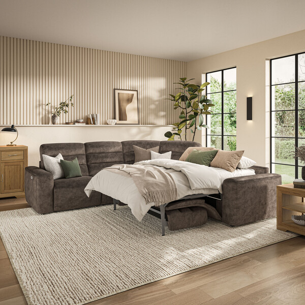 Dapple Chocolate Fabric Sofas - Large Corner Recliner with Right Hand Sofa Bed - Cohen Range - Oak Furnitureland