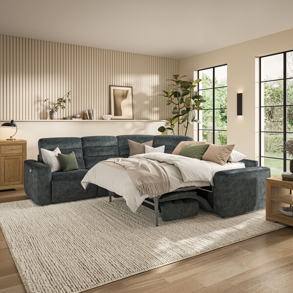 Dapple Grey Fabric Sofas - Large Corner Recliner with Right Hand Sofa Bed - Cohen Range - Oak Furnitureland