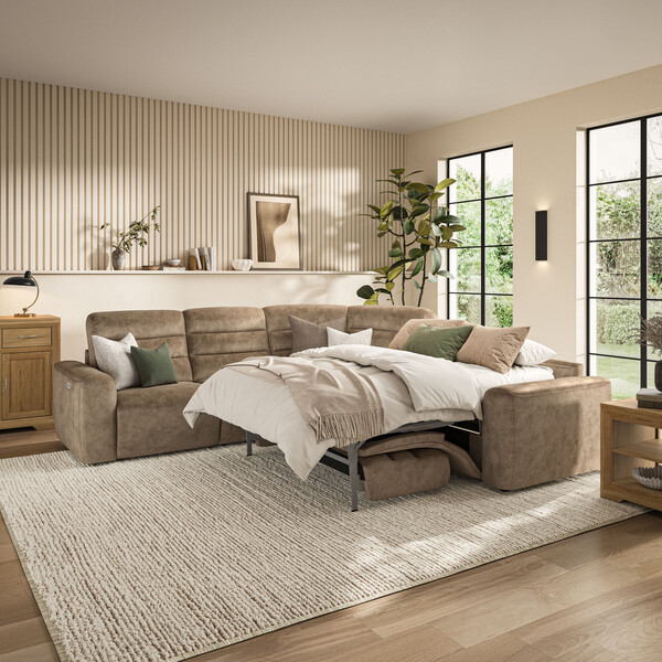 Dapple Taupe Fabric Sofas - Large Corner Recliner with Right Hand Sofa Bed - Cohen Range - Oak Furnitureland