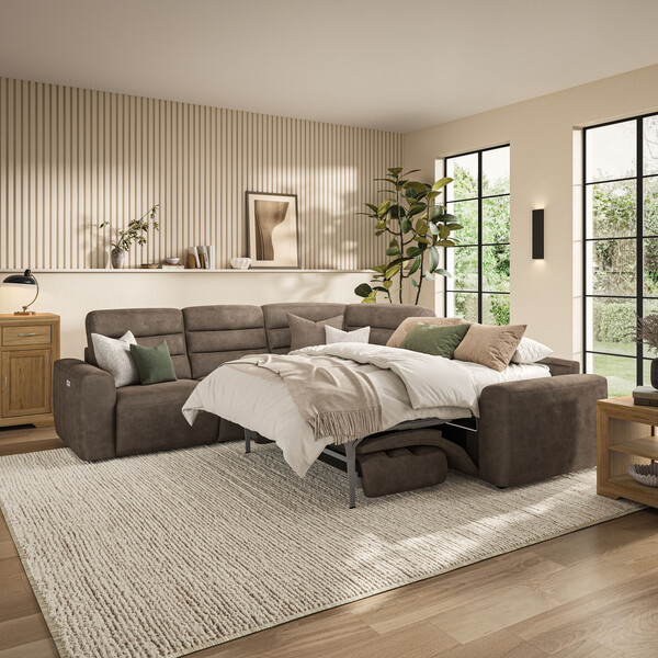 Miller Earth Brown Fabric Sofas - Large Corner Recliner with Right Hand Sofa Bed - Cohen Range - Oak Furnitureland