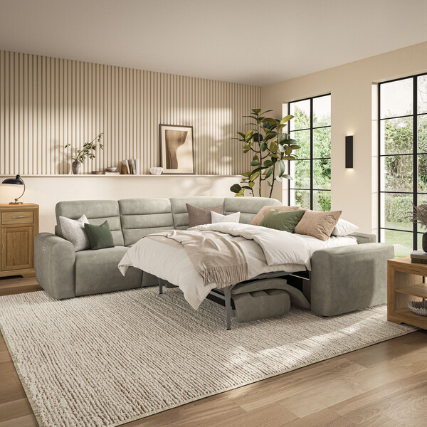 Miller Taupe Fabric Sofas - Large Corner Recliner with Right Hand Sofa Bed - Cohen Range - Oak Furnitureland