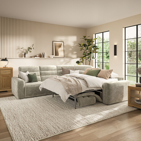 Plush Beige Fabric Sofas - Large Corner Recliner with Right Hand Sofa Bed - Cohen Range - Oak Furnitureland