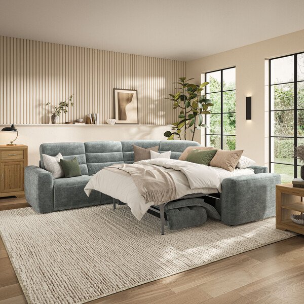 Plush Silver Fabric Sofas - Large Corner Recliner with Right Hand Sofa Bed - Cohen Range - Oak Furnitureland