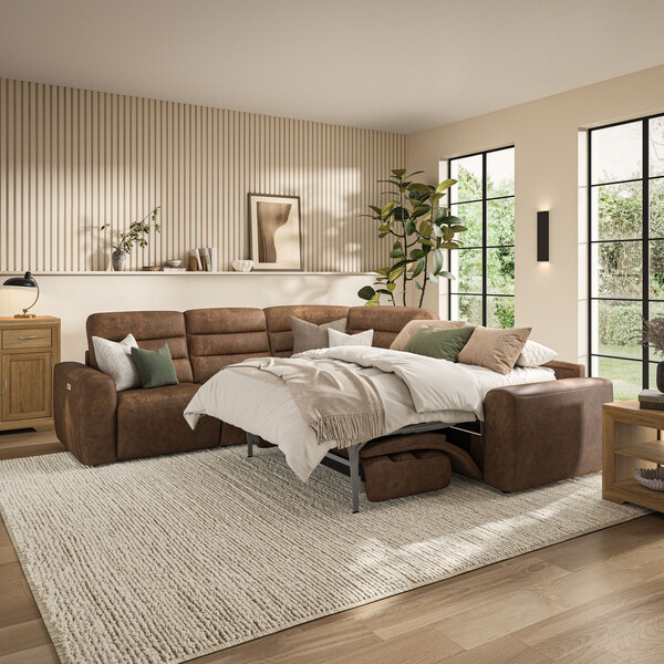 Ranch Brown Fabric Sofas - Large Corner Recliner with Right Hand Sofa Bed - Cohen Range - Oak Furnitureland