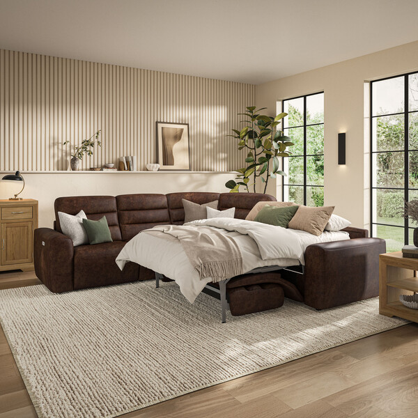Ranch Dark Brown Fabric Sofas - Large Corner Recliner with Right Hand Sofa Bed - Cohen Range - Oak Furnitureland