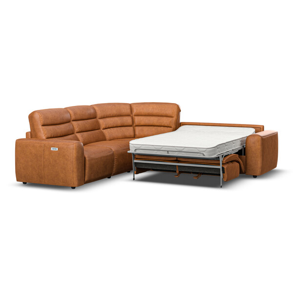 Virgo Cognac Leather Sofas - Large Corner Recliner with Right Hand Sofa Bed - Cohen Range - Oak Furnitureland