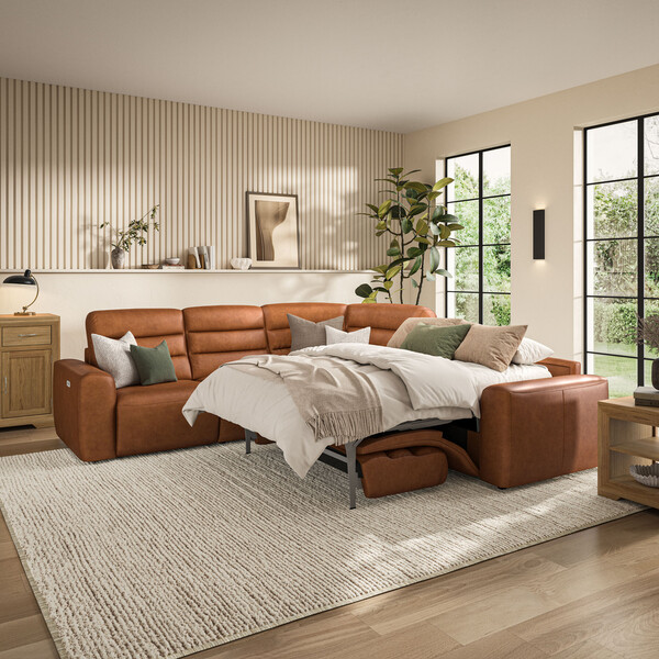 Virgo Cognac Leather Sofas - Large Corner Recliner with Right Hand Sofa Bed - Cohen Range - Oak Furnitureland