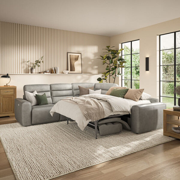 Virgo Platinum Leather Sofas - Large Corner Recliner with Right Hand Sofa Bed - Cohen Range - Oak Furnitureland