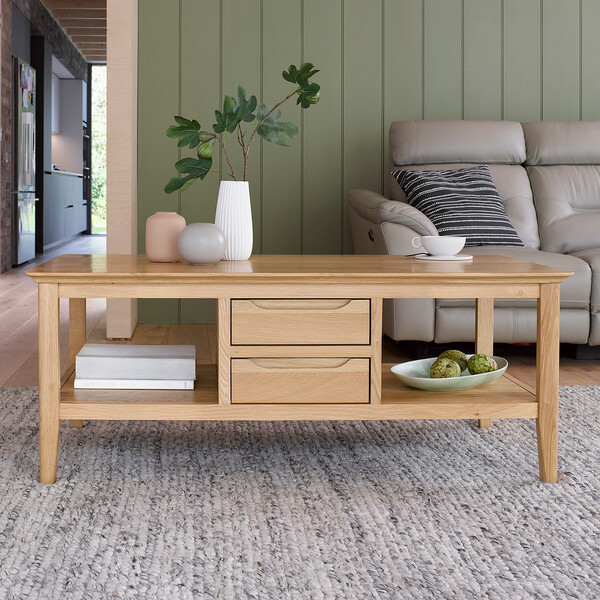 Natural Solid Oak Coffee Tables - 4 Drawer Coffee Table - Copenhagen Range - Oak Furnitureland