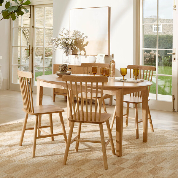 Corton Natural Oak Oval Extending Dining Table 160-200cm + 4 Kingham Natural Oak Spindle Chairs - Oak Furnitureland