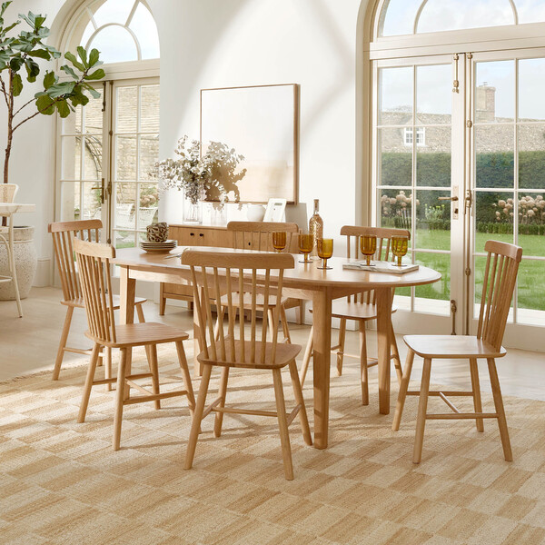 Corton Natural Oak Oval Extending Dining Table 160-200cm + 6 Kingham Natural Oak Spindle Chair - Oak Furnitureland