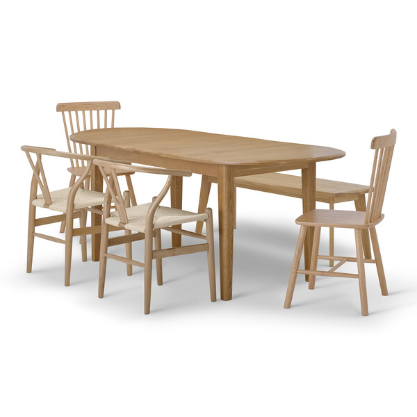Corton Natural Oak Oval Extending Dining Table with 4 Chairs and 1 Bench - Oak Furnitureland