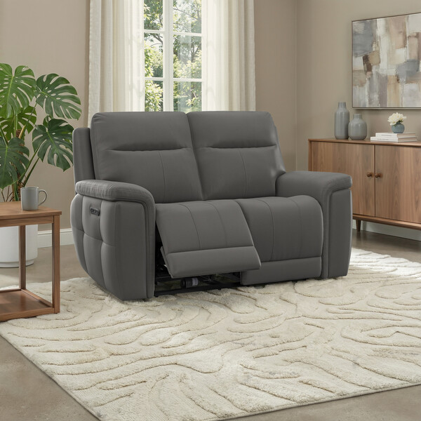 Elephant Grey Leather Sofas - 2 Seater Electric Recliner Sofa - Dalton Range - Oak Furnitureland