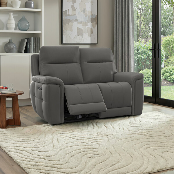 Elephant Grey Leather Sofas - 2 Seater Electric Recliner Sofa with Power Headrests - Dalton Range - Oak Furnitureland