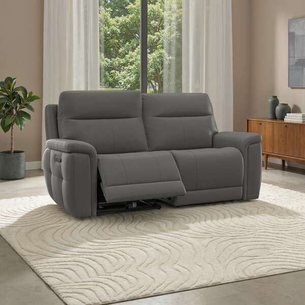Elephant Grey Leather Sofas - 3 Seater Electric Recliner Sofa with Power Headrests - Dalton Range - Oak Furnitureland