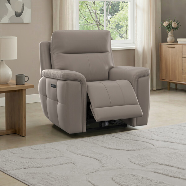 Oyster Leather Sofas - Electric Recliner Armchair with Power Headrest - Dalton Range - Oak Furnitureland