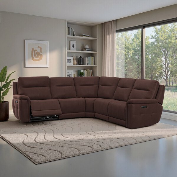 Chestnut Leather Sofas - Large Corner Recliner with Power Headrests - Dalton Range - Oak Furnitureland