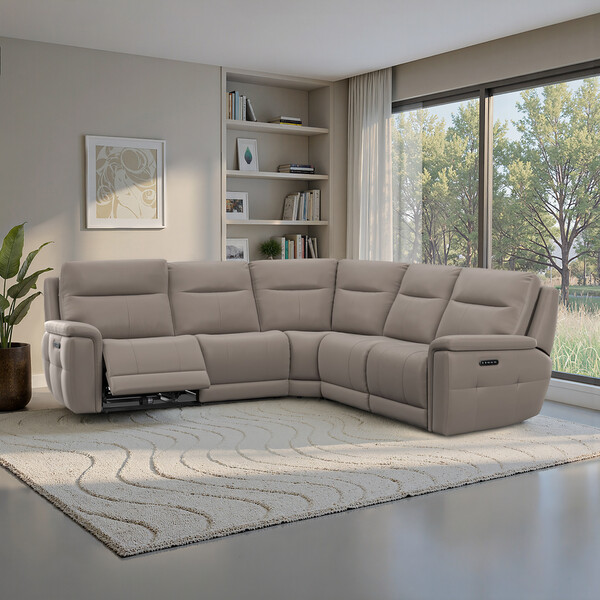 Oyster Leather Sofas - Large Corner Recliner with Power Headrests - Dalton Range - Oak Furnitureland