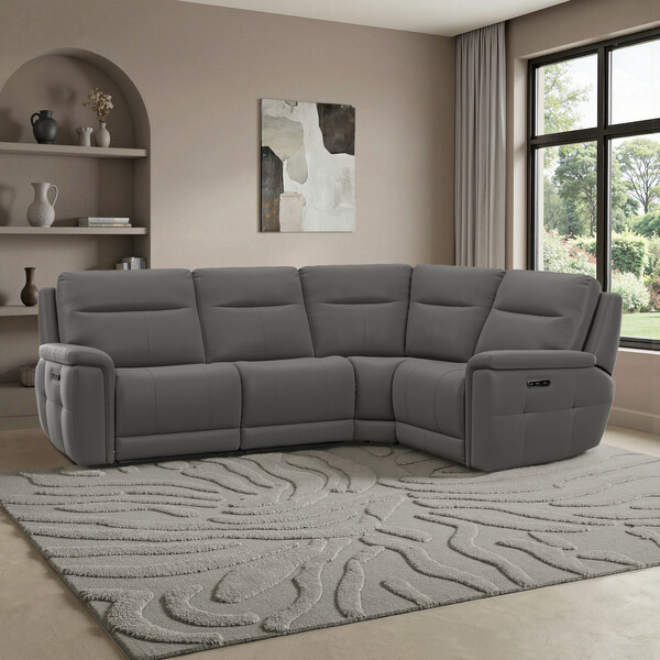 Elephant Grey Leather Sofas - Corner Electric Recliner Left Hand  - Dalton Range - Oak Furnitureland