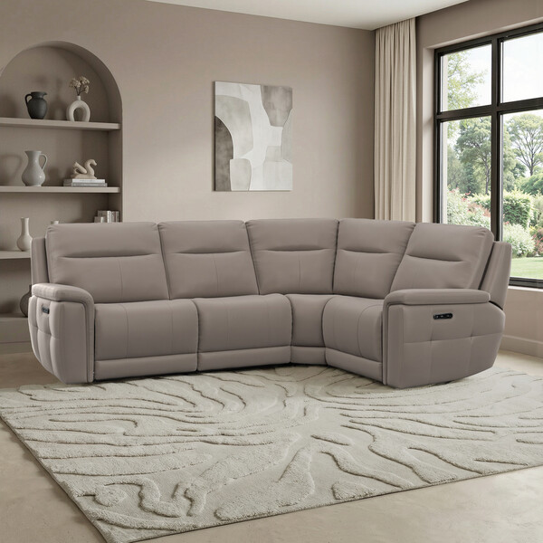 Oyster Leather Sofas - Corner Electric Recliner Left Hand  - Dalton Range - Oak Furnitureland