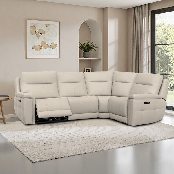 Bella Barley White Fabric Sofas - Left Hand Corner Recliner with Power Headrests - Dalton Range - Oak Furnitureland