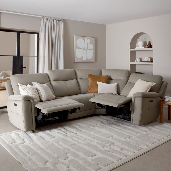 Bella Latte Fabric Sofas - Left Hand Corner Recliner with Power Headrests - Dalton Range - Oak Furnitureland