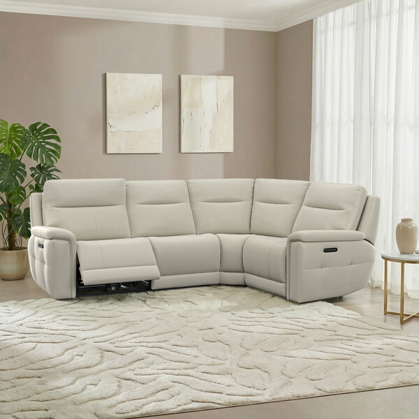 Bone China Leather Sofas - Left Hand Corner Recliner with Power Headrests - Dalton Range - Oak Furnitureland