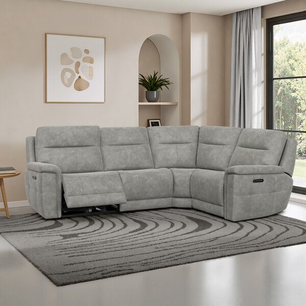 Dexter Stone Fabric Sofas - Left Hand Corner Recliner with Power Headrests - Dalton Range - Oak Furnitureland