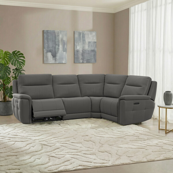 Elephant Grey Leather Sofas - Left Hand Corner Recliner with Power Headrests - Dalton Range - Oak Furnitureland