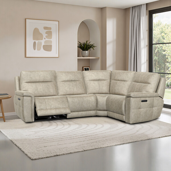 Marble Cream Fabric Sofas - Left Hand Corner Recliner with Power Headrests - Dalton Range - Oak Furnitureland