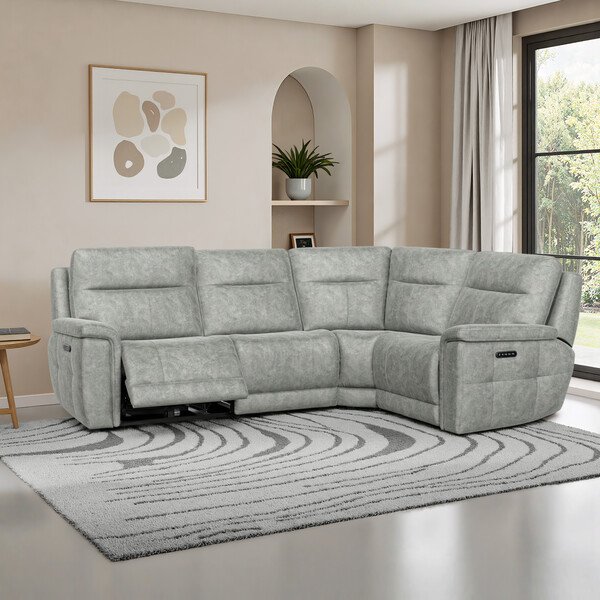 Marble Silver Fabric Sofas - Left Hand Corner Recliner with Power Headrests - Dalton Range - Oak Furnitureland