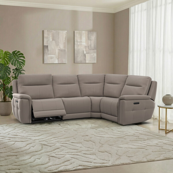 Oyster Leather Sofas - Left Hand Corner Recliner with Power Headrests - Dalton Range - Oak Furnitureland