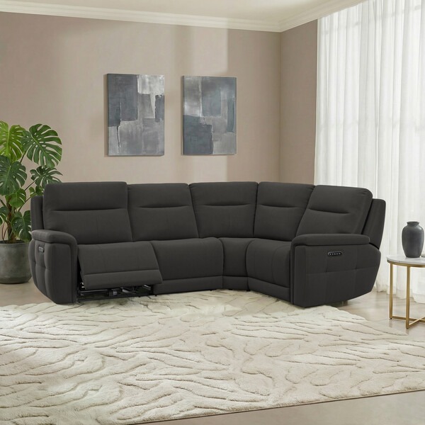 Storm Leather Sofas - Left Hand Corner Recliner with Power Headrests - Dalton Range - Oak Furnitureland