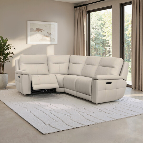 Bella Barley White Fabric Sofas - Right Hand Corner Recliner with Power Headrests - Dalton Range - Oak Furnitureland