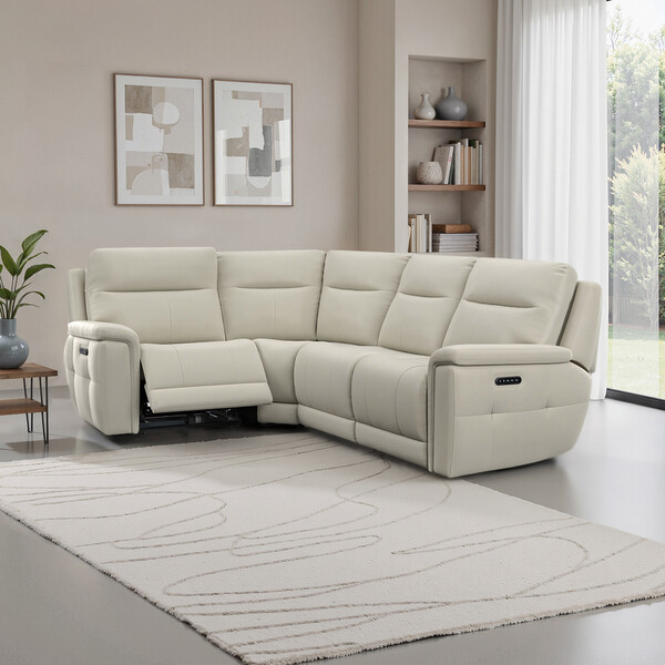 Bone China Leather Sofas - Right Hand Corner Recliner with Power Headrests - Dalton Range - Oak Furnitureland