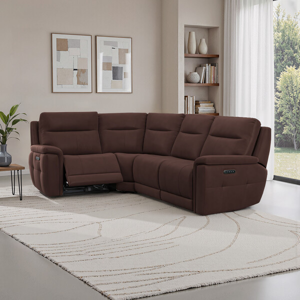 Chestnut Leather Sofas - Right Hand Corner Recliner with Power Headrests - Dalton Range - Oak Furnitureland