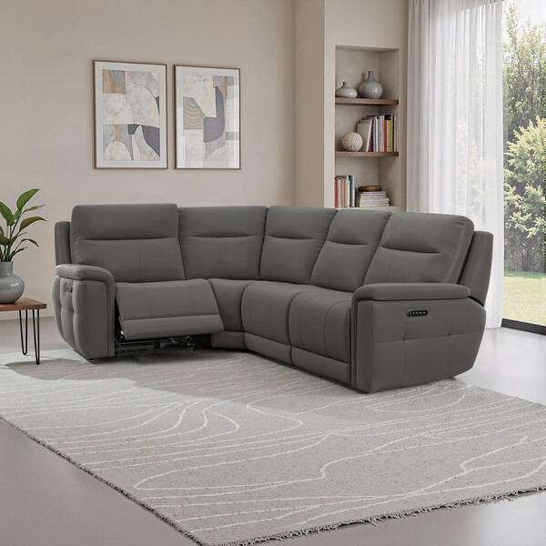 Elephant Grey Leather Sofas - Right Hand Corner Recliner with Power Headrests - Dalton Range - Oak Furnitureland