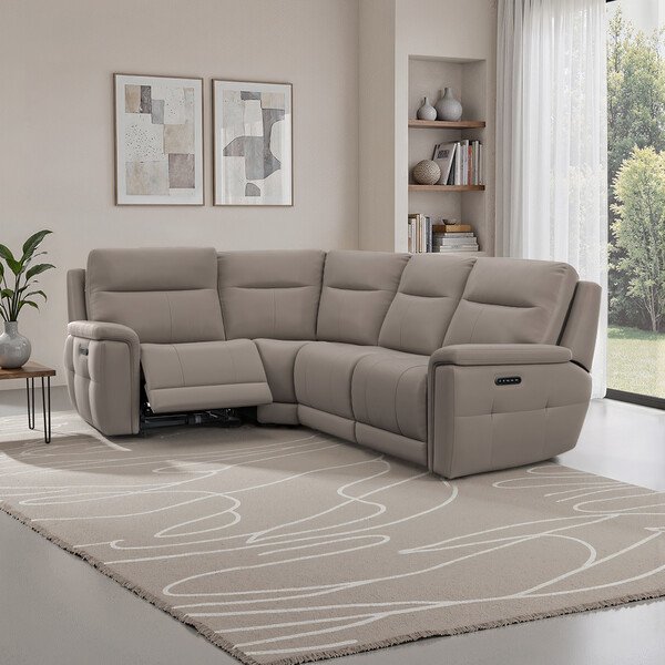 Oyster Leather Sofas - Right Hand Corner Recliner with Power Headrests - Dalton Range - Oak Furnitureland