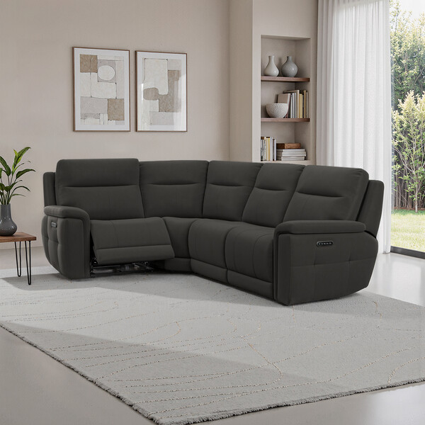 Storm Leather Sofas - Right Hand Corner Recliner with Power Headrests - Dalton Range - Oak Furnitureland