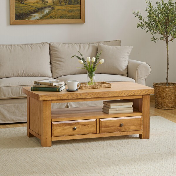 Rustic Solid Oak Coffee Tables - 2 Drawer Coffee Table - Hercules Range - Oak Furnitureland