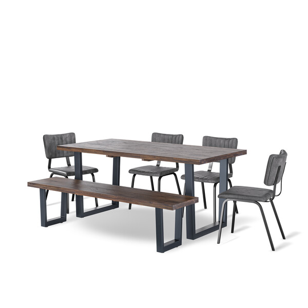 Detroit Solid Hardwood and Metal 8 Seater Dining Table with 4 Chairs and 1 Bench - Oak Furnitureland